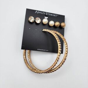 Ashley Stewart Gold Tone Rhinestone and Multiple Stud Earrings Set of 4